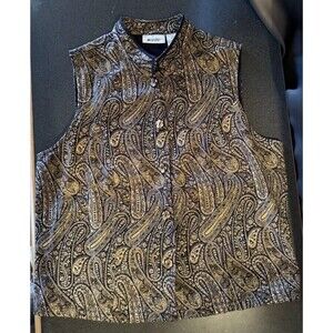 Vintage Tapestry Vest Women’s L Black Gold Paisley Button Up Lined Units Brand